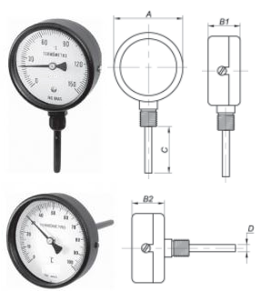 Termômetro bimetálico industrial, Modelos:  Ø 50mm,  Ø 60mm,  Ø 80mm,  Ø 100mm,  Ø 150mm,  Ø 200mm